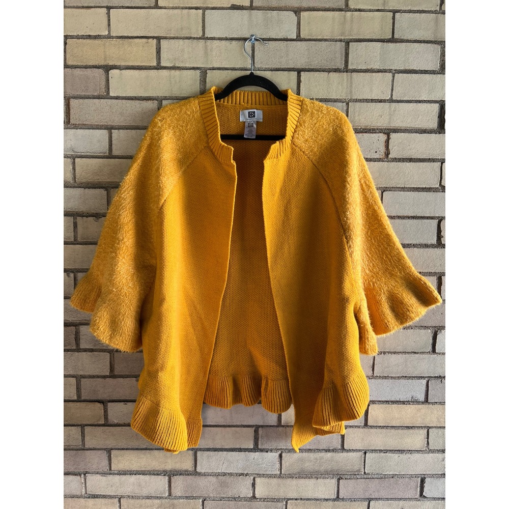 Laundry by Design Mustard Yellow Ruffle Open Front Cardigan Kimono Sweater OS